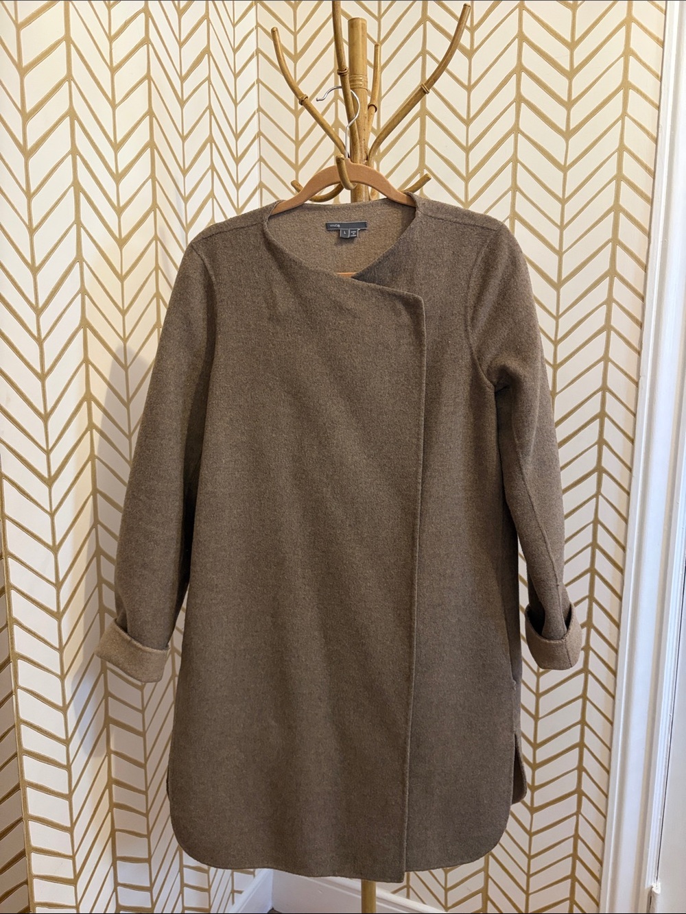 Vince Women's Brown Collarless Long Sleeve Coat Dress